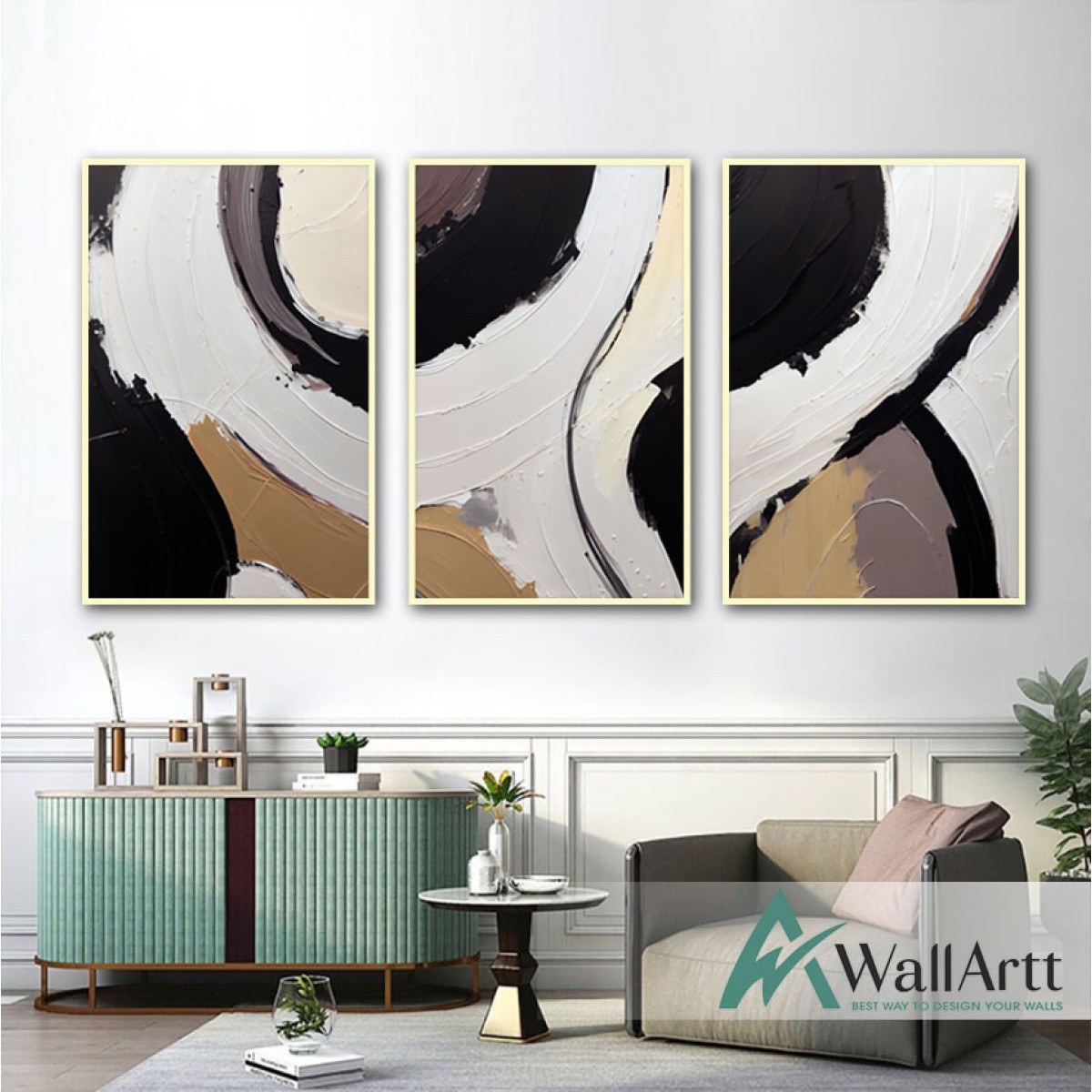 Brown Black Abstract 3 Piece Textured Partial Oil Painting