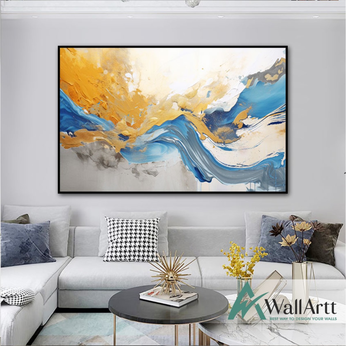 Gold Blue Wave Textured Partial Oil Painting