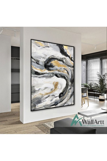 Abstract Blak White Swirls Textured Partial Oil Painting