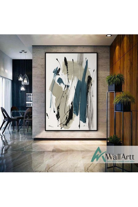 Petrol Blue Grey Abstract Textured Partial Oil Painting
