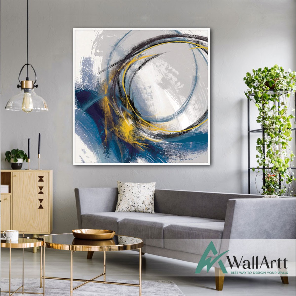 Yellow Blue Circles Textured Partial Oil Painting