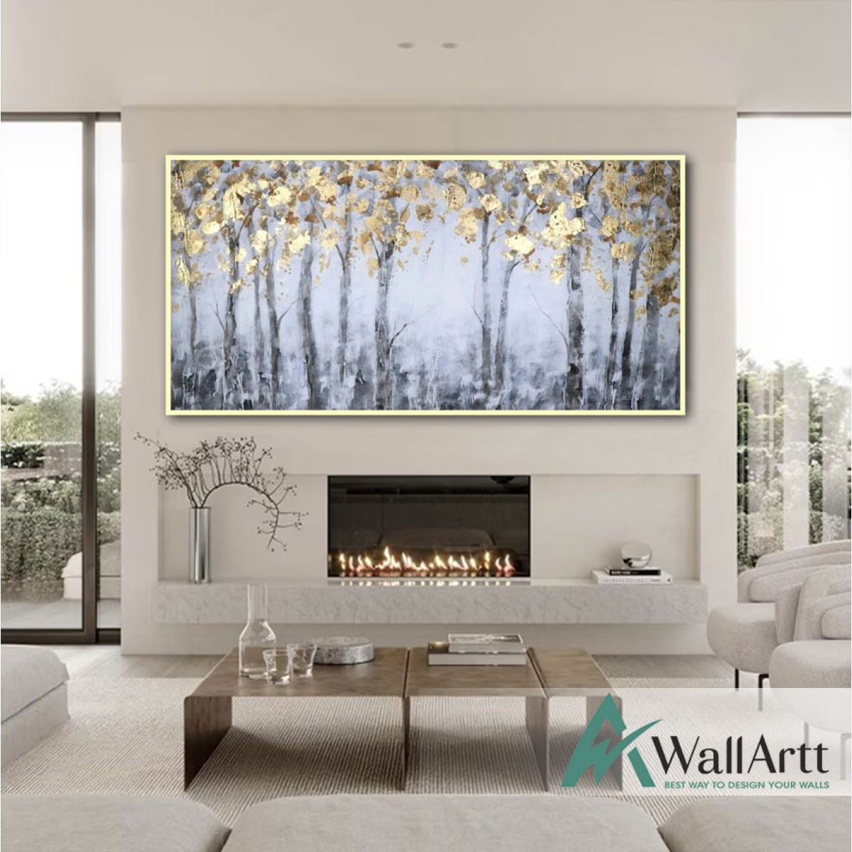 Gold Leaves Textured Partial Oil Painting - Wall Art