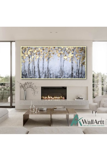 Gold Leaves Textured Partial Oil Painting - Wall Art