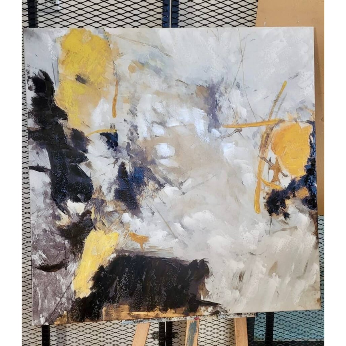 Black n Mustard Abstract Textured Partial Oil Painting