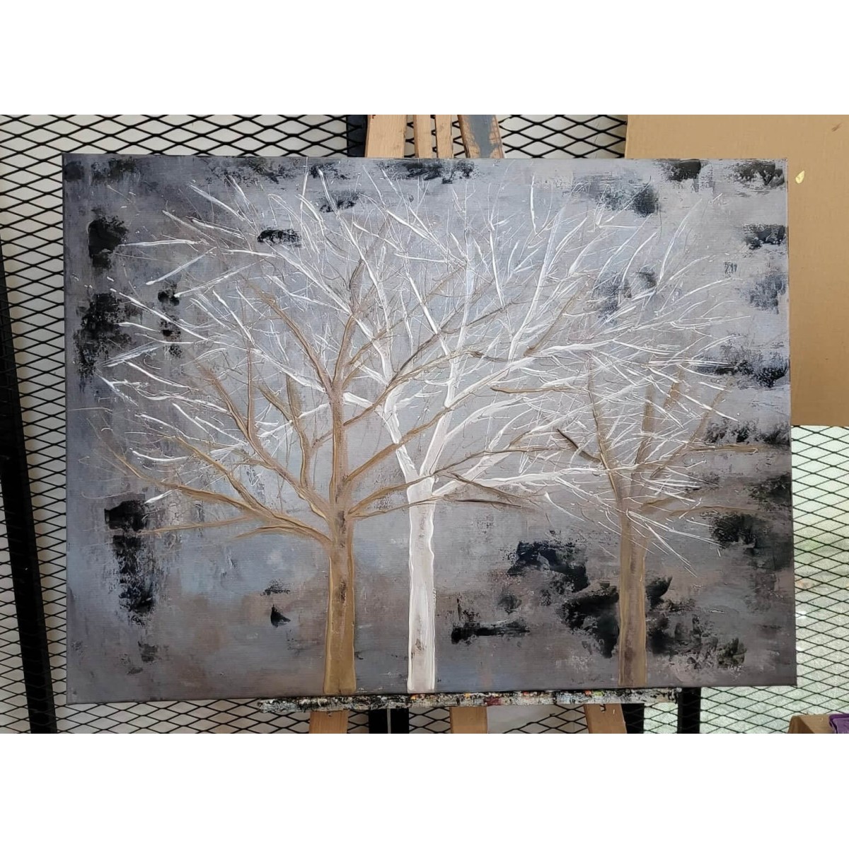 Abstract Pale Trees Textured Partial Oil Painting