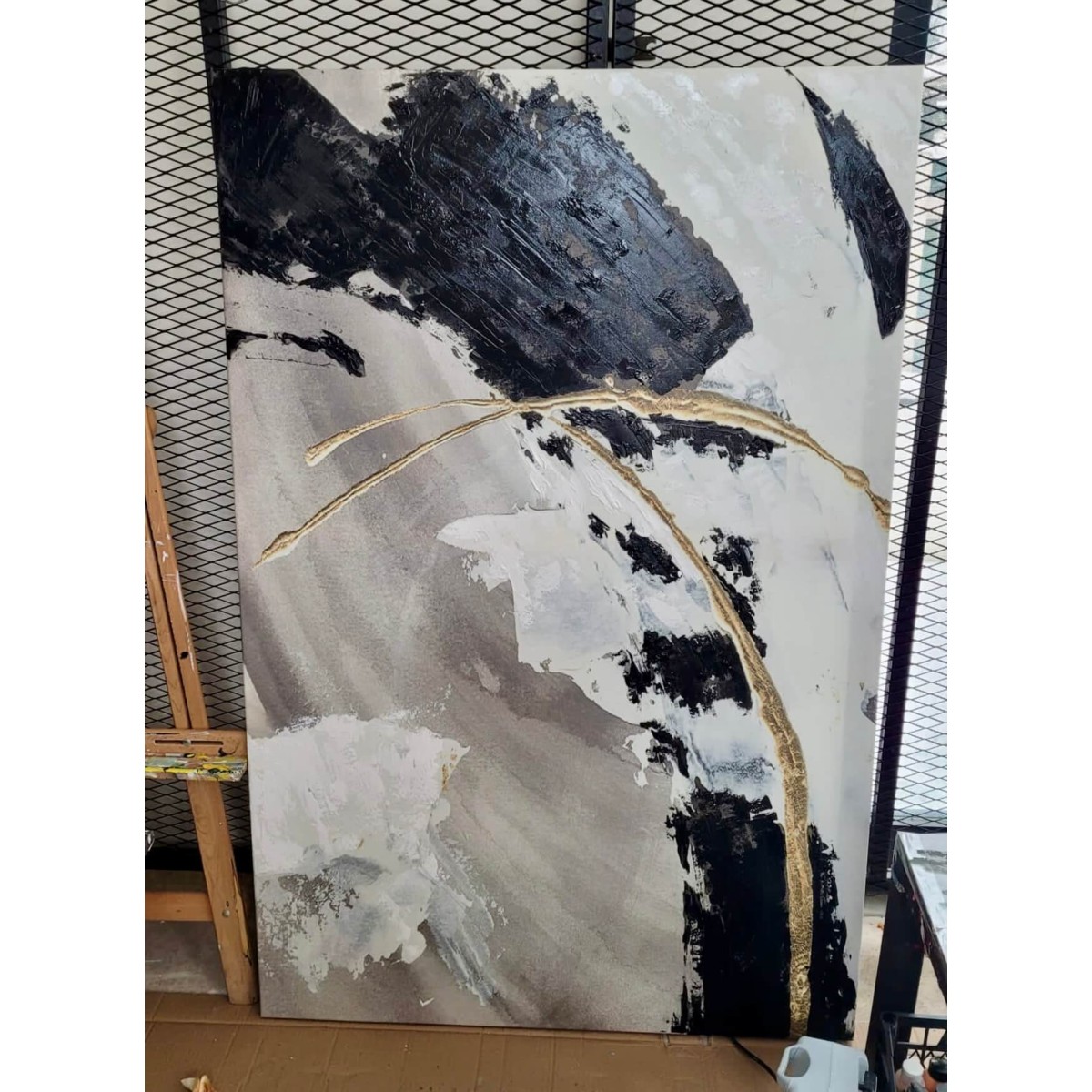 Black White with Gold 3 Piece Textured Partial Oil Painting