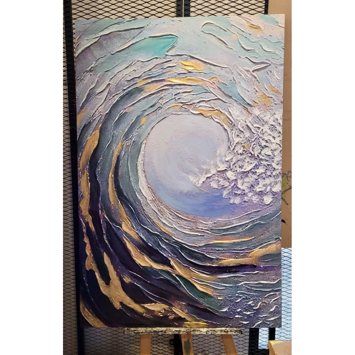 Abstract Gold Blue Wave 3d Heavy Textured Partial Oil Painting