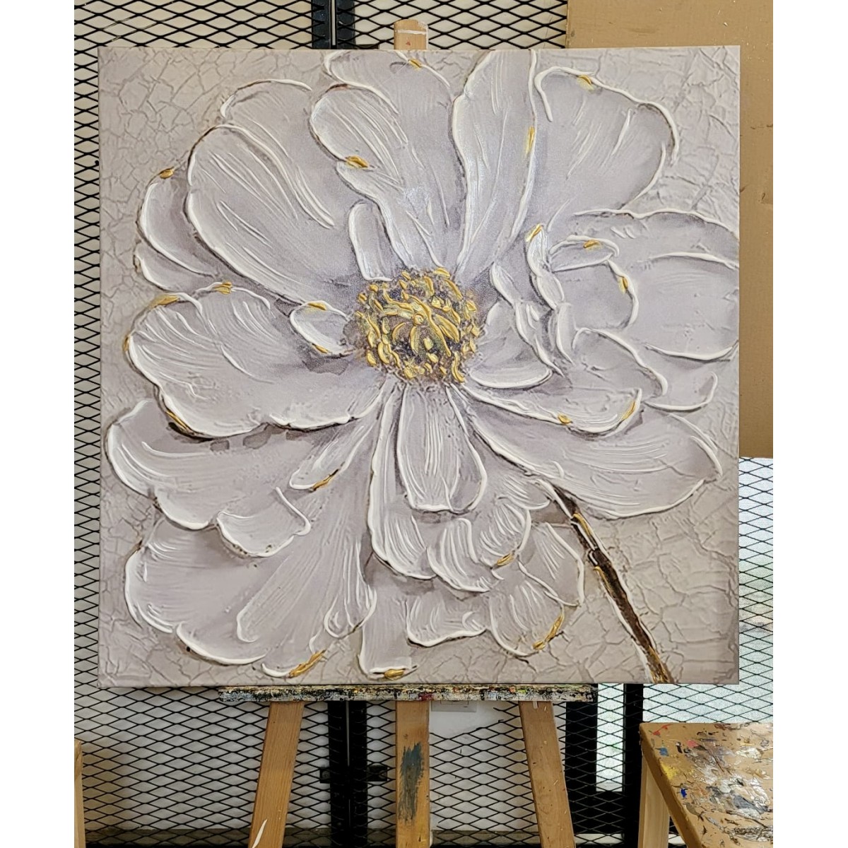 White Flower with Gold Buds Heavy Textured Partial Oil Painting
