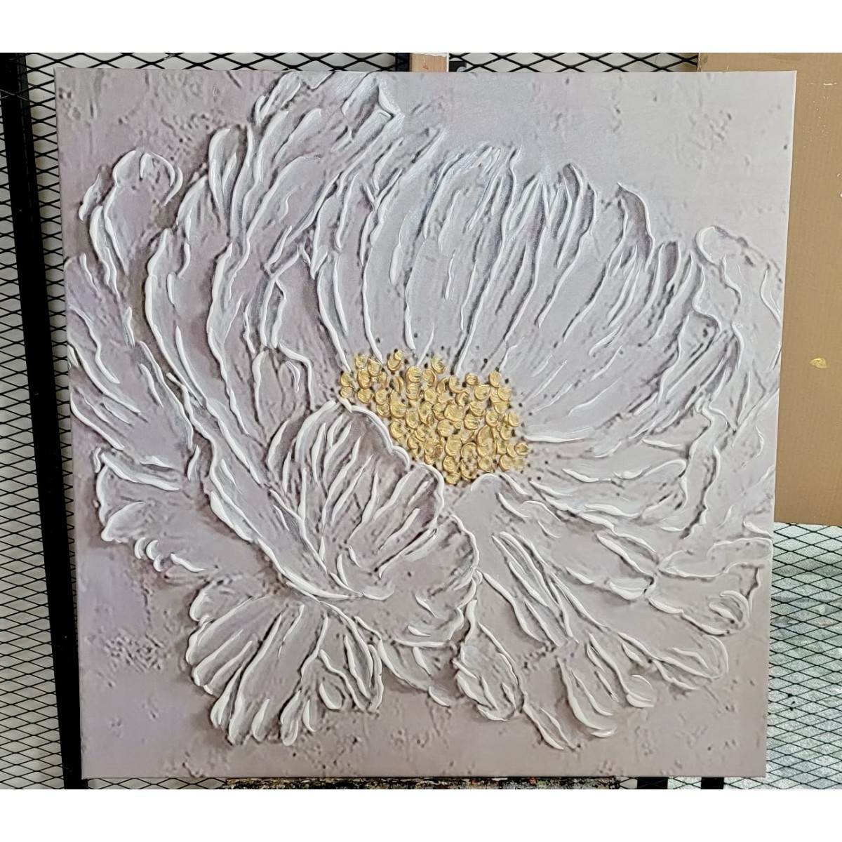 White Flower with Gold Buds II Heavy Textured Partial Oil Painting