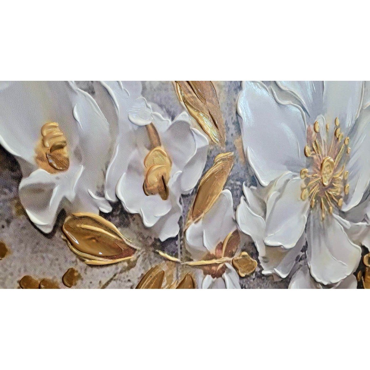 White Flower with Gold Leaves 3d Heavy Textured Partial Oil Painting