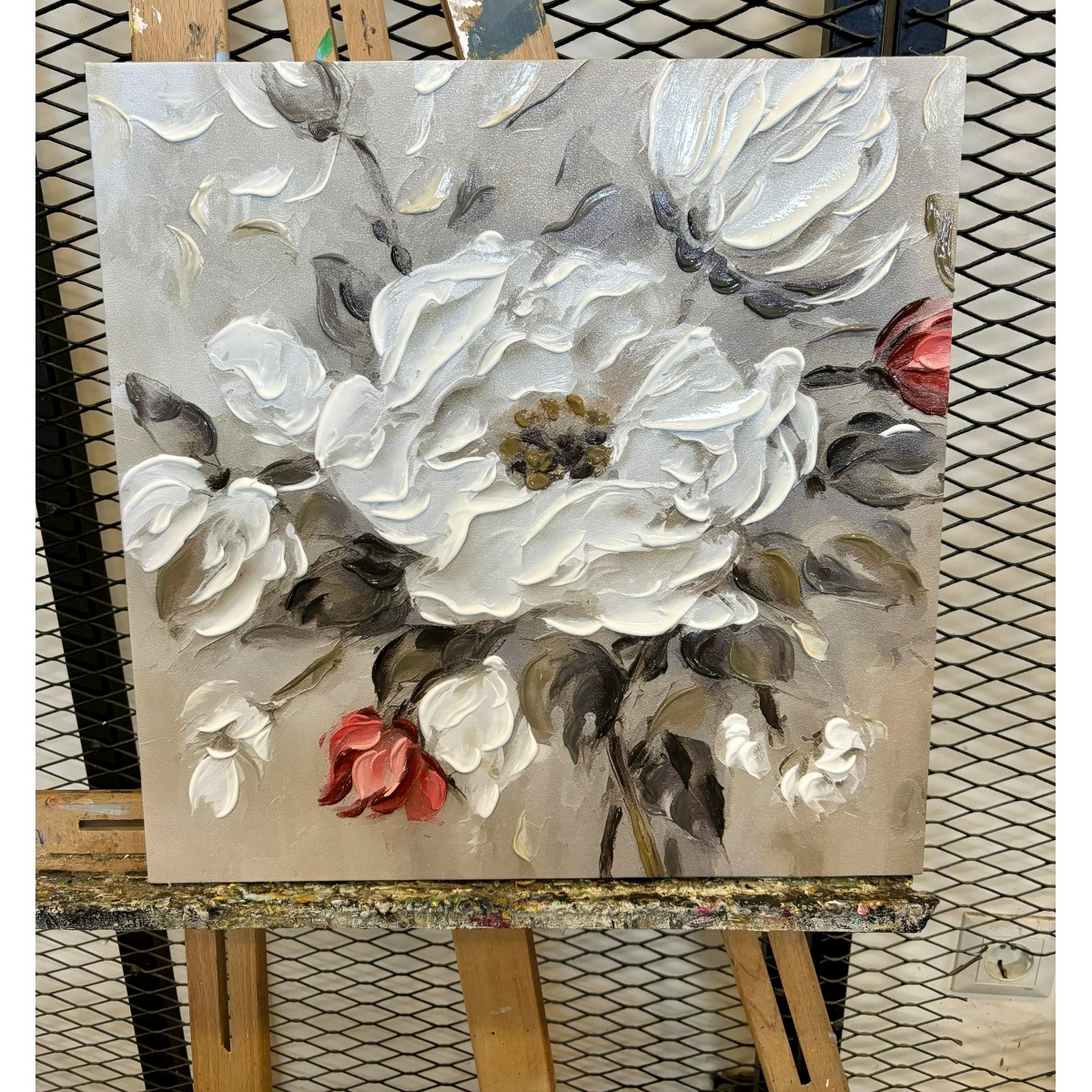 Red White Flowers 3d Heavy Textured Partial Oil Painting