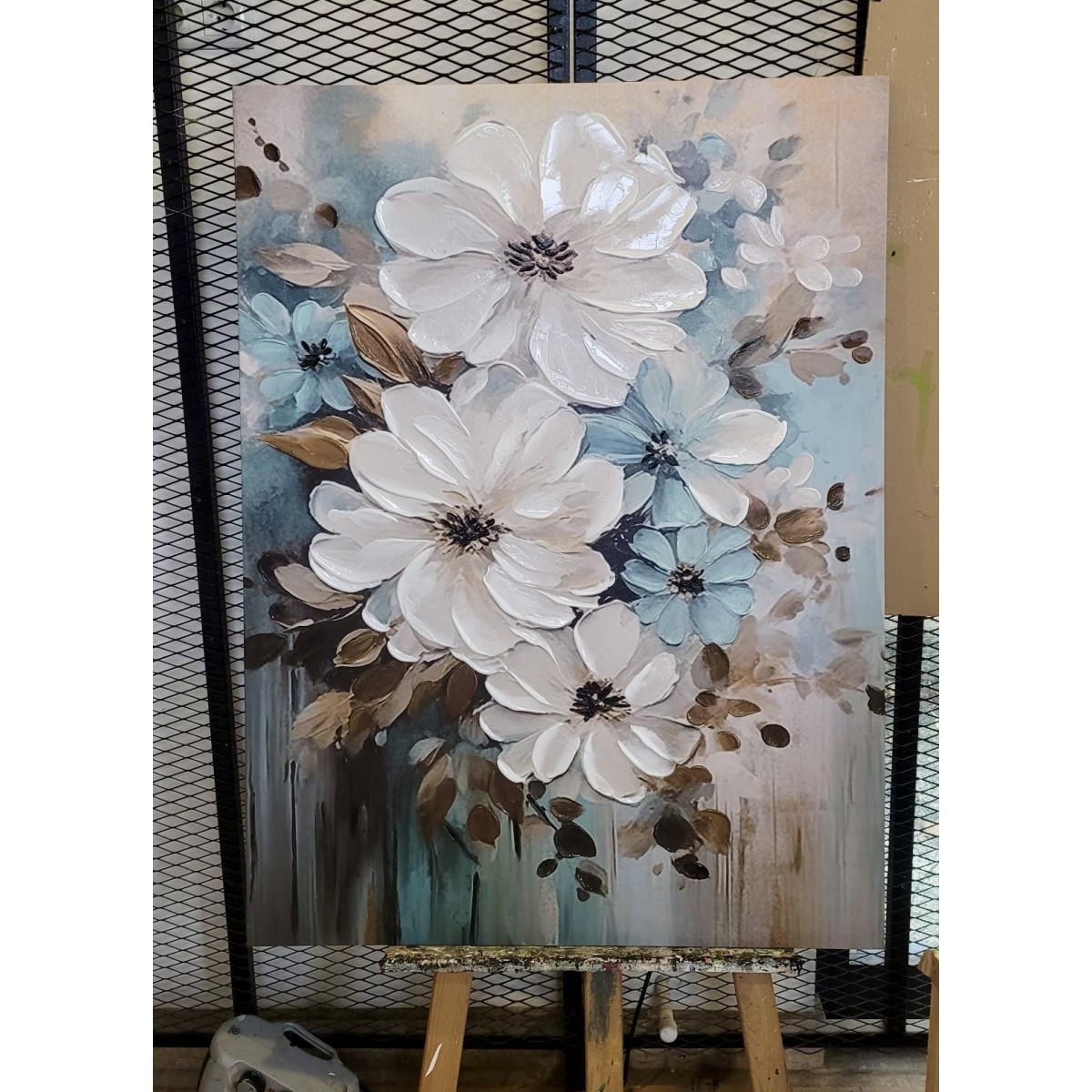 White Blue Flowers with Gold Leaves II 3d Heavy Textured Partial Oil Painting