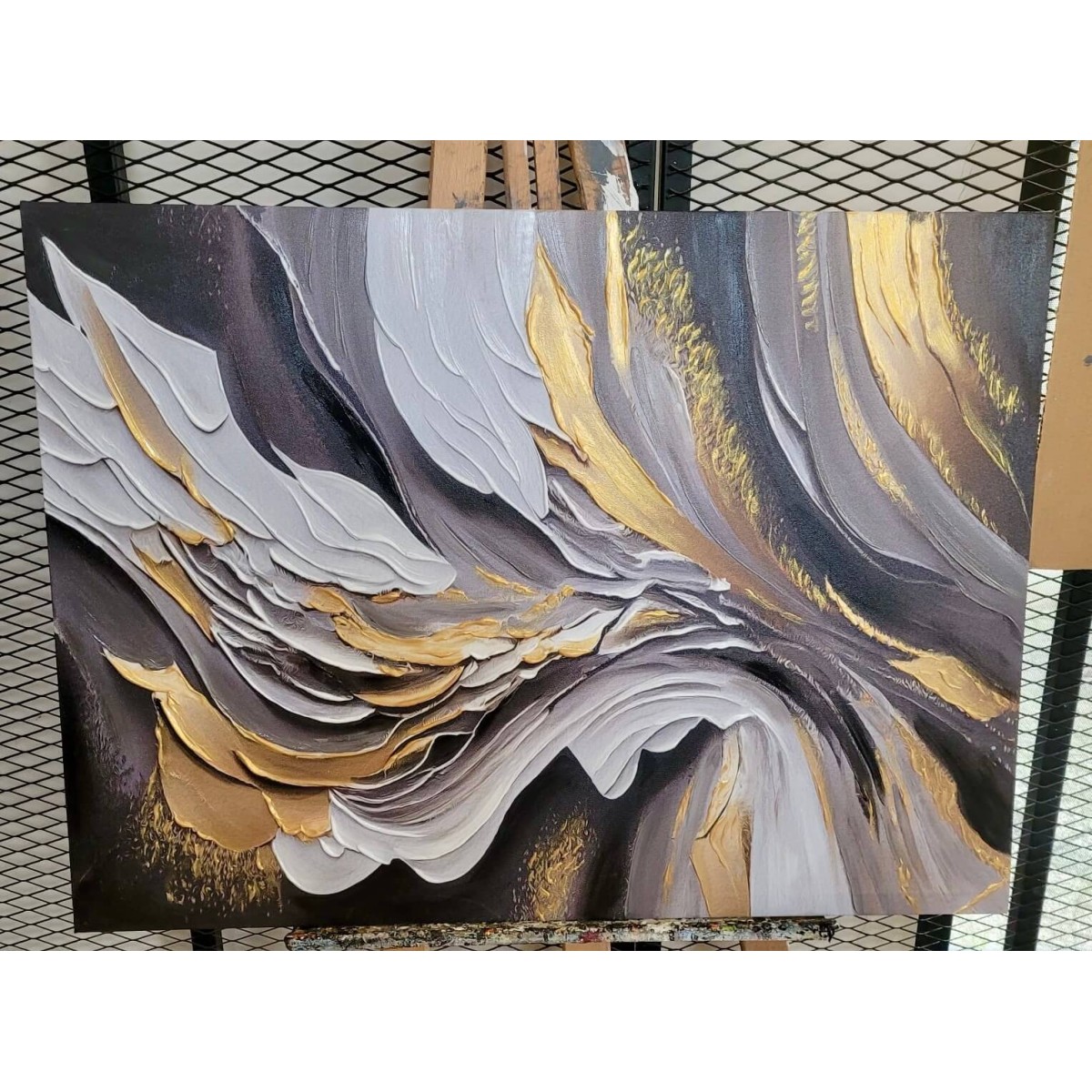 Abstract Gold with Black n White 3d Heavy Textured Partial Oil Painting