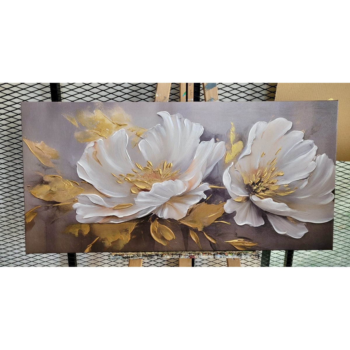 White Flowers with Gold Leaves III 3d Heavy Textured Partial Oil Painting