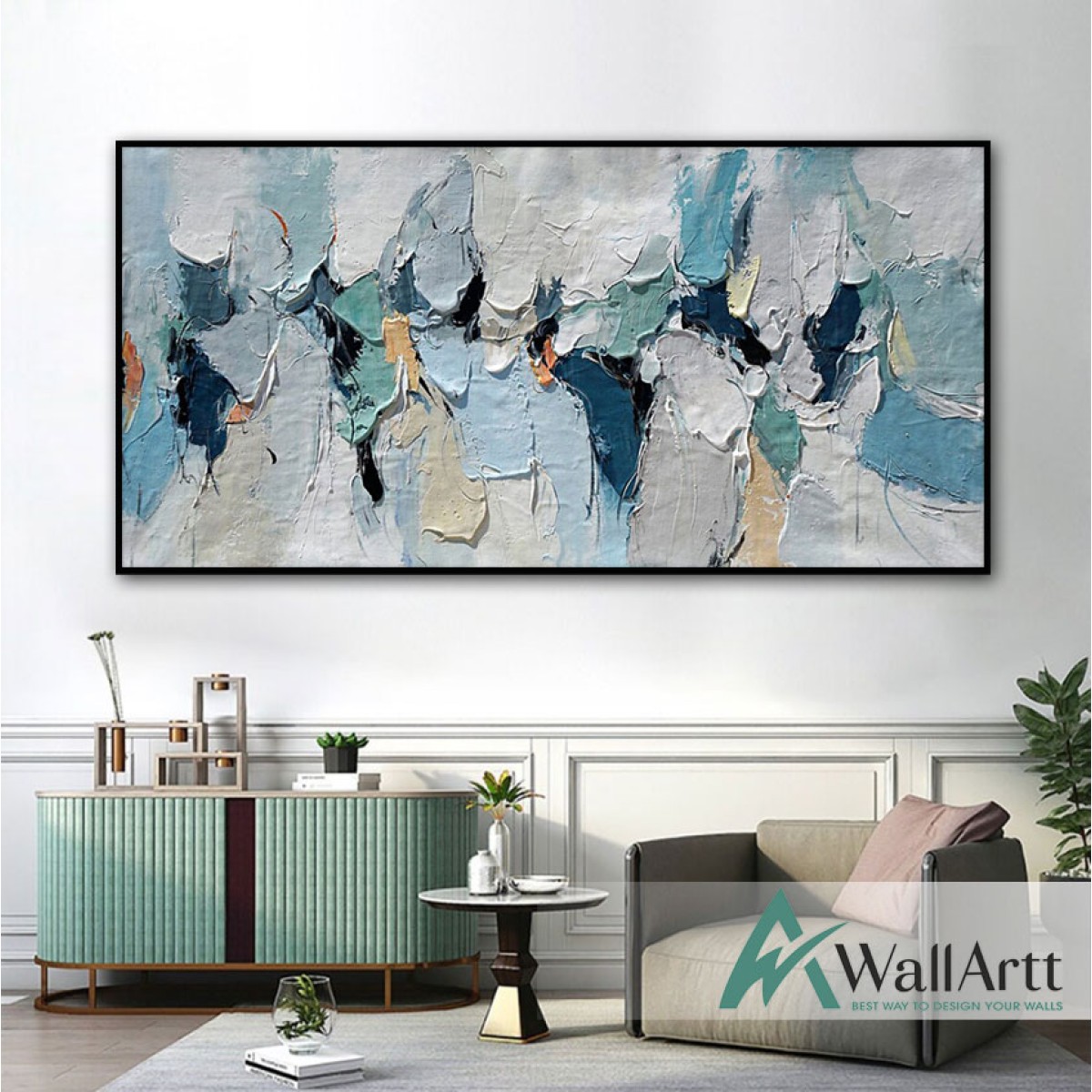 Abstract Blue n White 3d Heavy Textured Partial Oil Painting - Wall Art