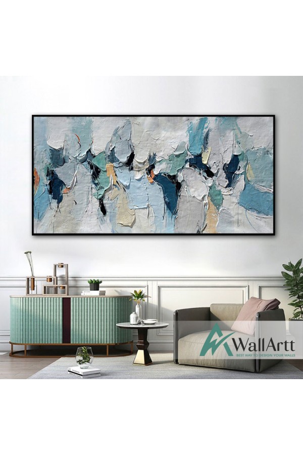 Abstract Blue n White 3d Heavy Textured Partial Oil Painting - Wall Art