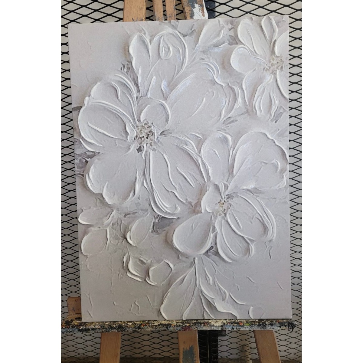 Embossed White Flowers 3d Heavy Textured Partial Oil Painting