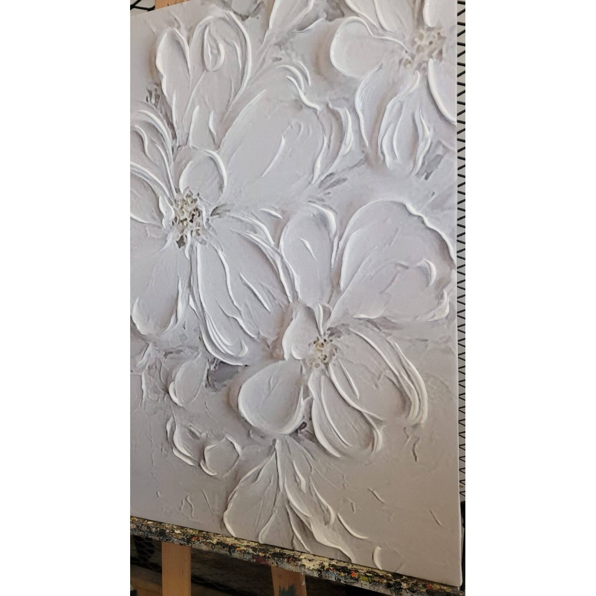 Embossed White Flowers 3d Heavy Textured Partial Oil Painting