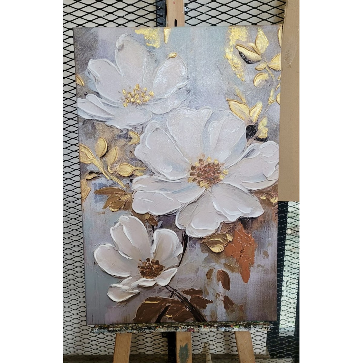 White Flowers with Gold Leaves 3d Heavy Textured Partial Oil Painting