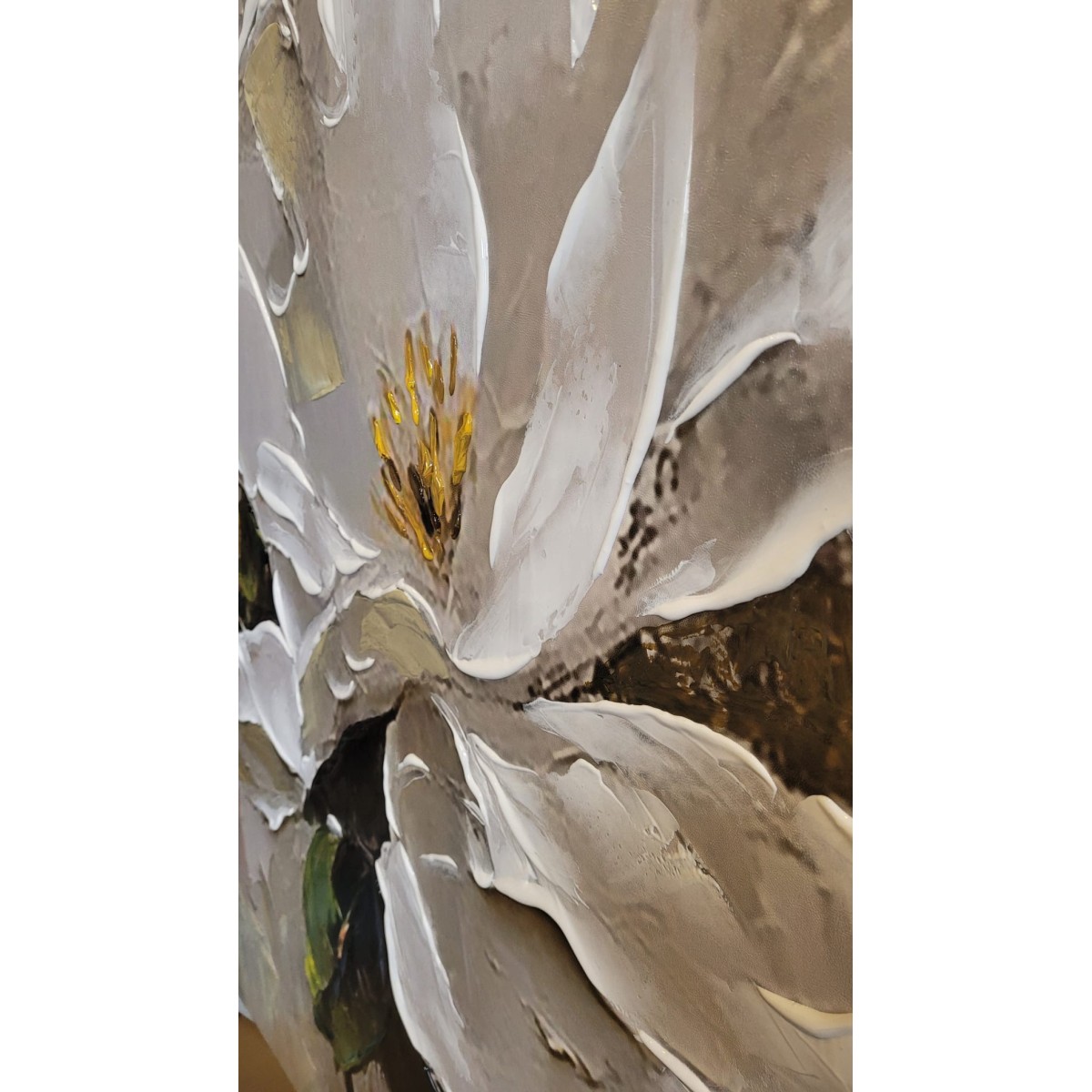 Big White Flower with Green Leaves 3d Heavy Textured Partial Oil Painting