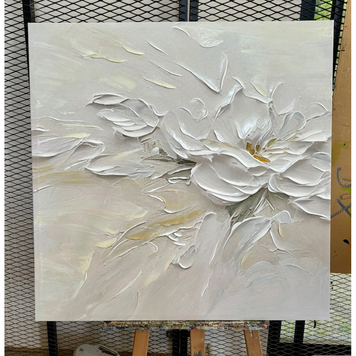 Abstract Embossed White Flower 3d Heavy Textured Partial Oil Painting