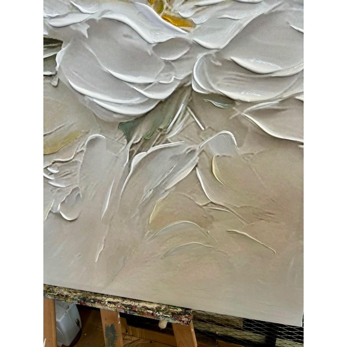 Abstract Embossed White Flower 3d Heavy Textured Partial Oil Painting