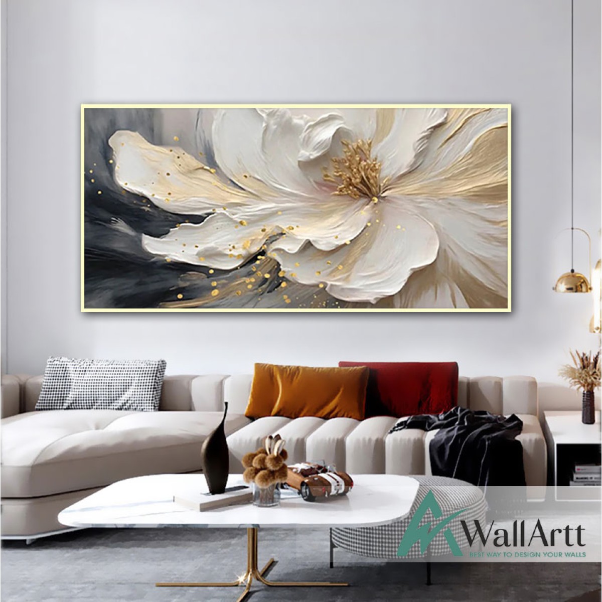 White with Gold Flower 3D Heavy Textured Partial oil Painting 