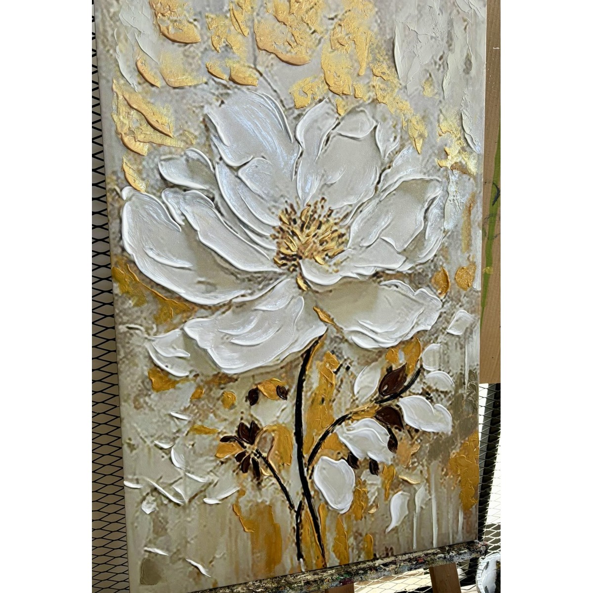 Cream White Flower with Gold 3d Heavy Textured Partial Oil Painting