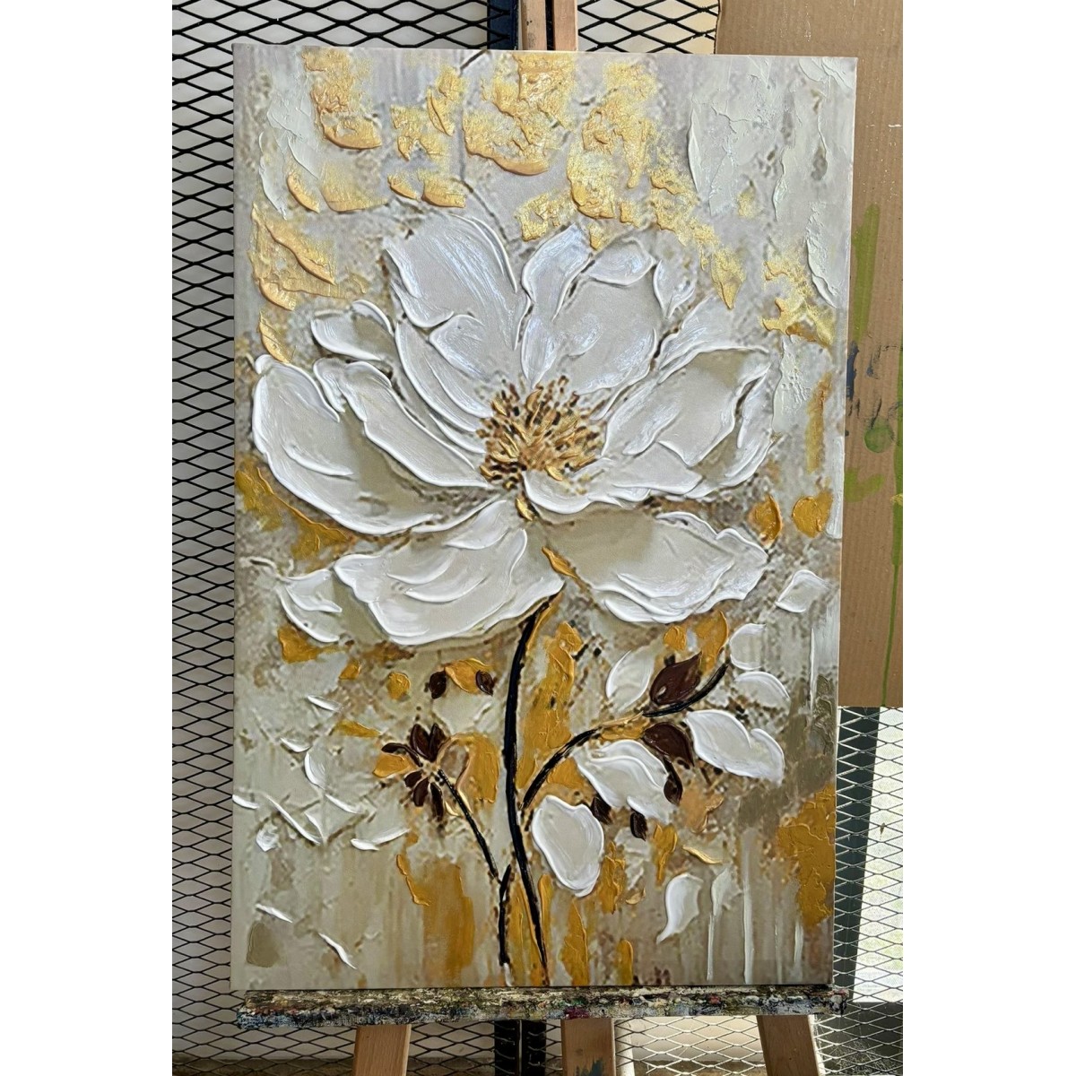 Cream White Flower with Gold 3d Heavy Textured Partial Oil Painting