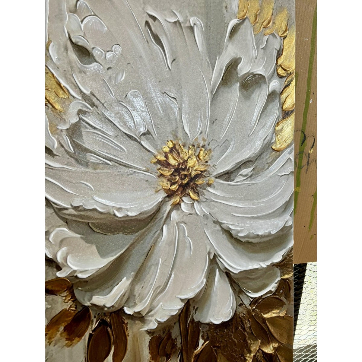 Cream White Flowers with Gold II 3d Heavy Textured Partial Oil Painting