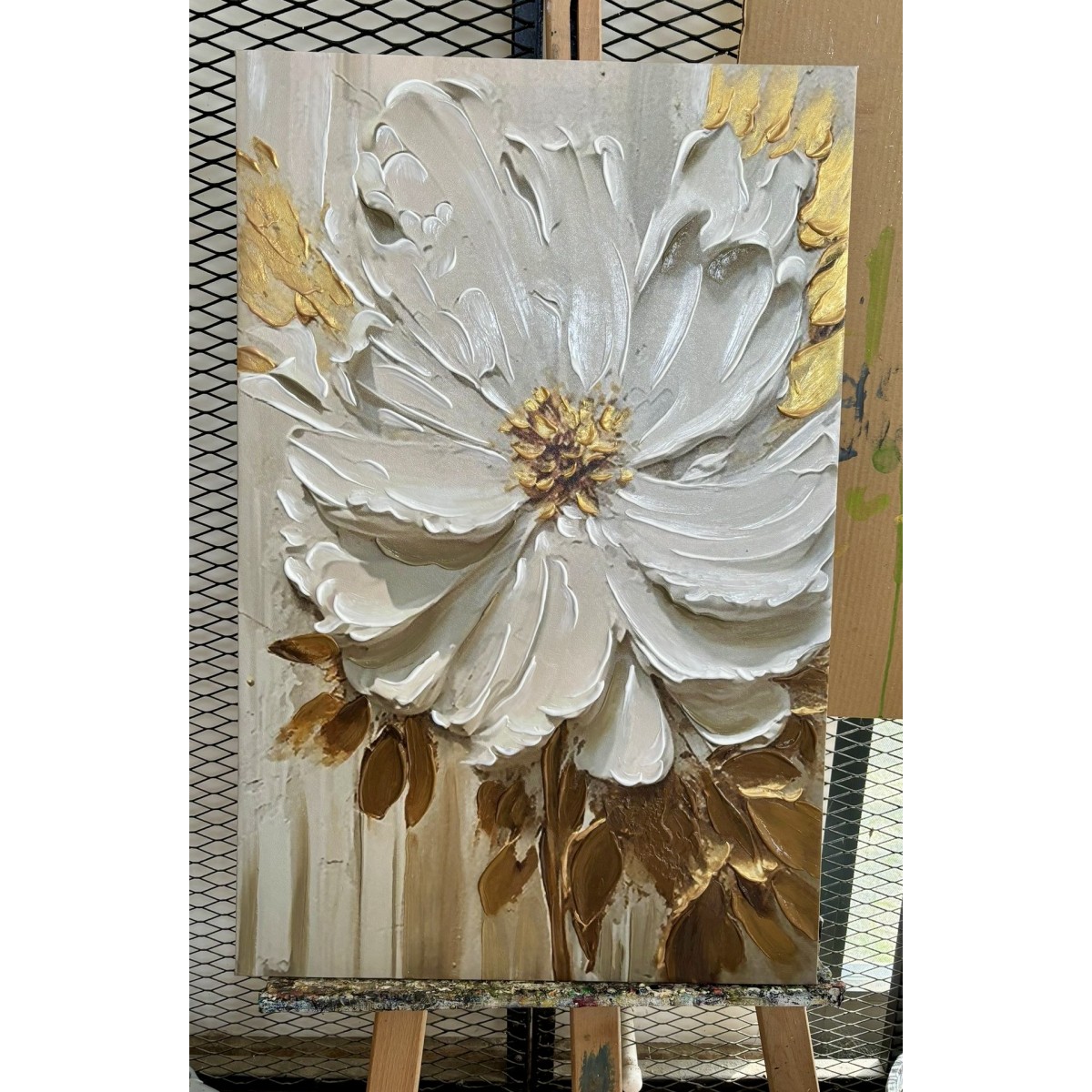 Cream White Flowers with Gold II 3d Heavy Textured Partial Oil Painting