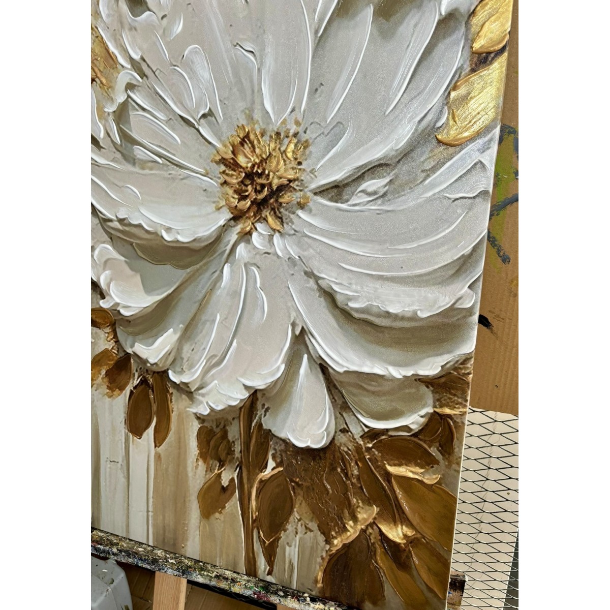 Cream White Flowers with Gold II 3d Heavy Textured Partial Oil Painting