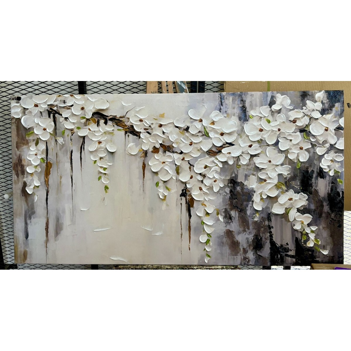 White Flower Branches 3d Heavy Textured Partial Oil Painting