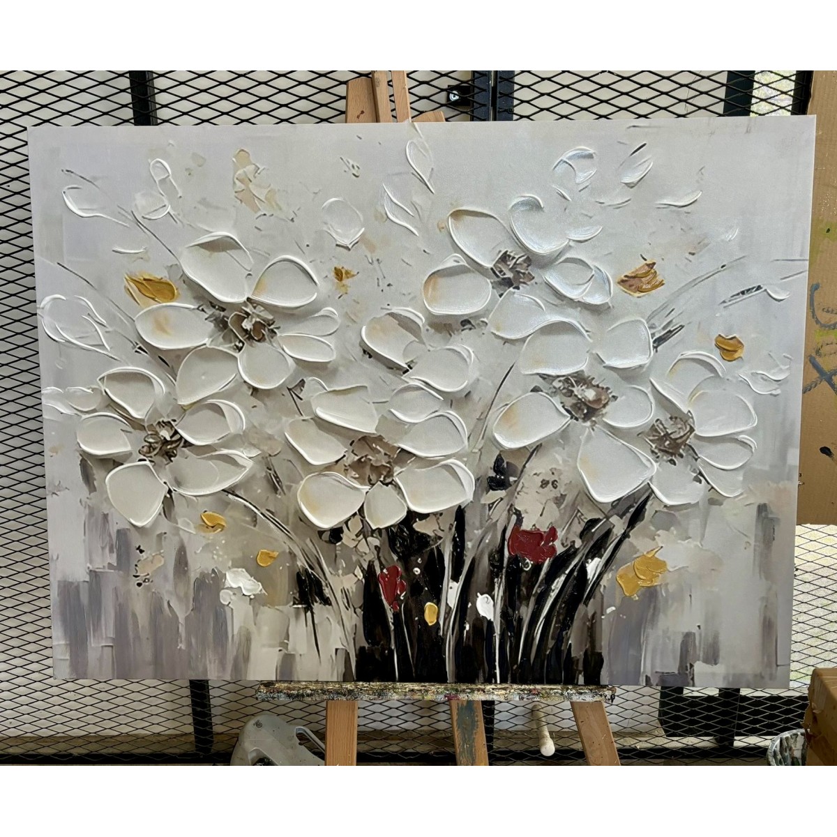 White Flower Bouquet 3D Heavy Textured Partial Oil Painting