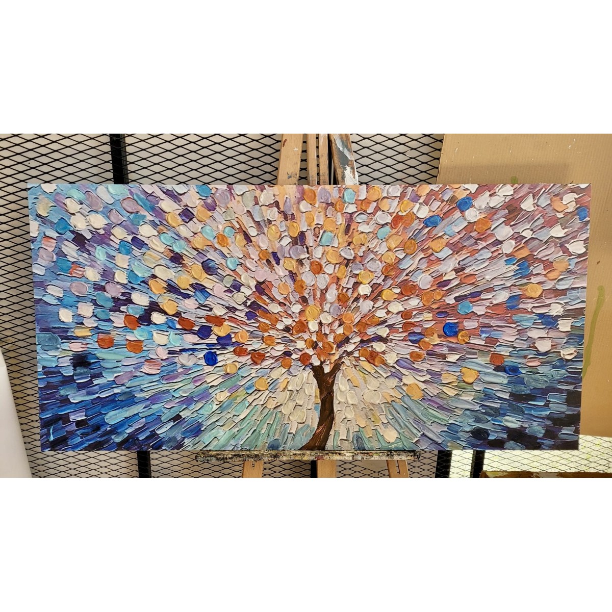 Abstract Orange Blue Tree 3d Heavy Textured Partial Oil Painting