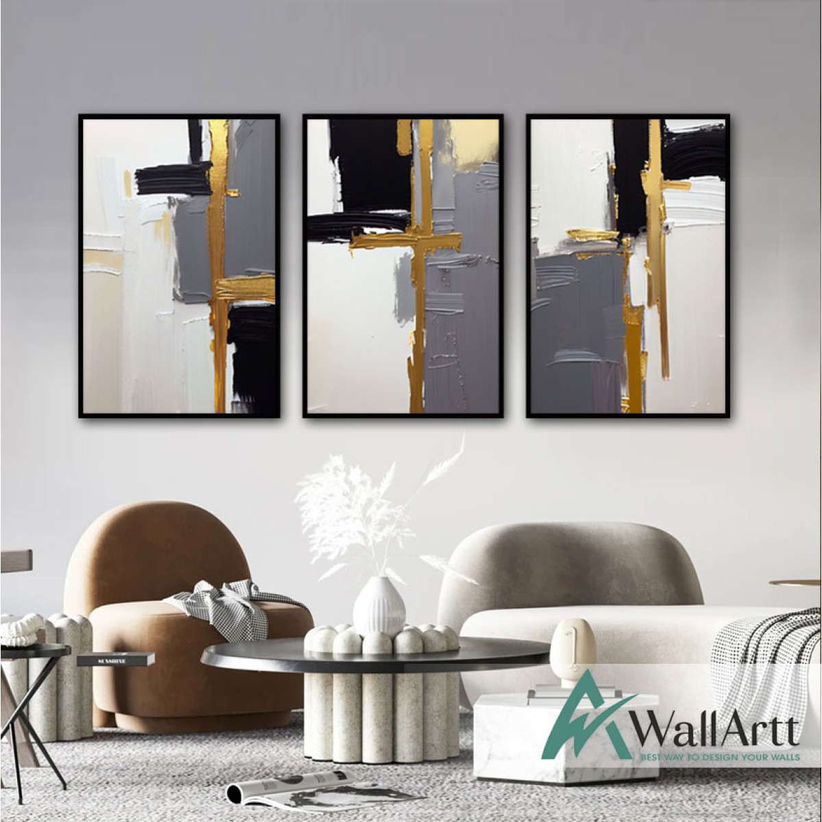 Black Grey with Gold 3 Piece 3d Heavy Textured Partial Oil Painting