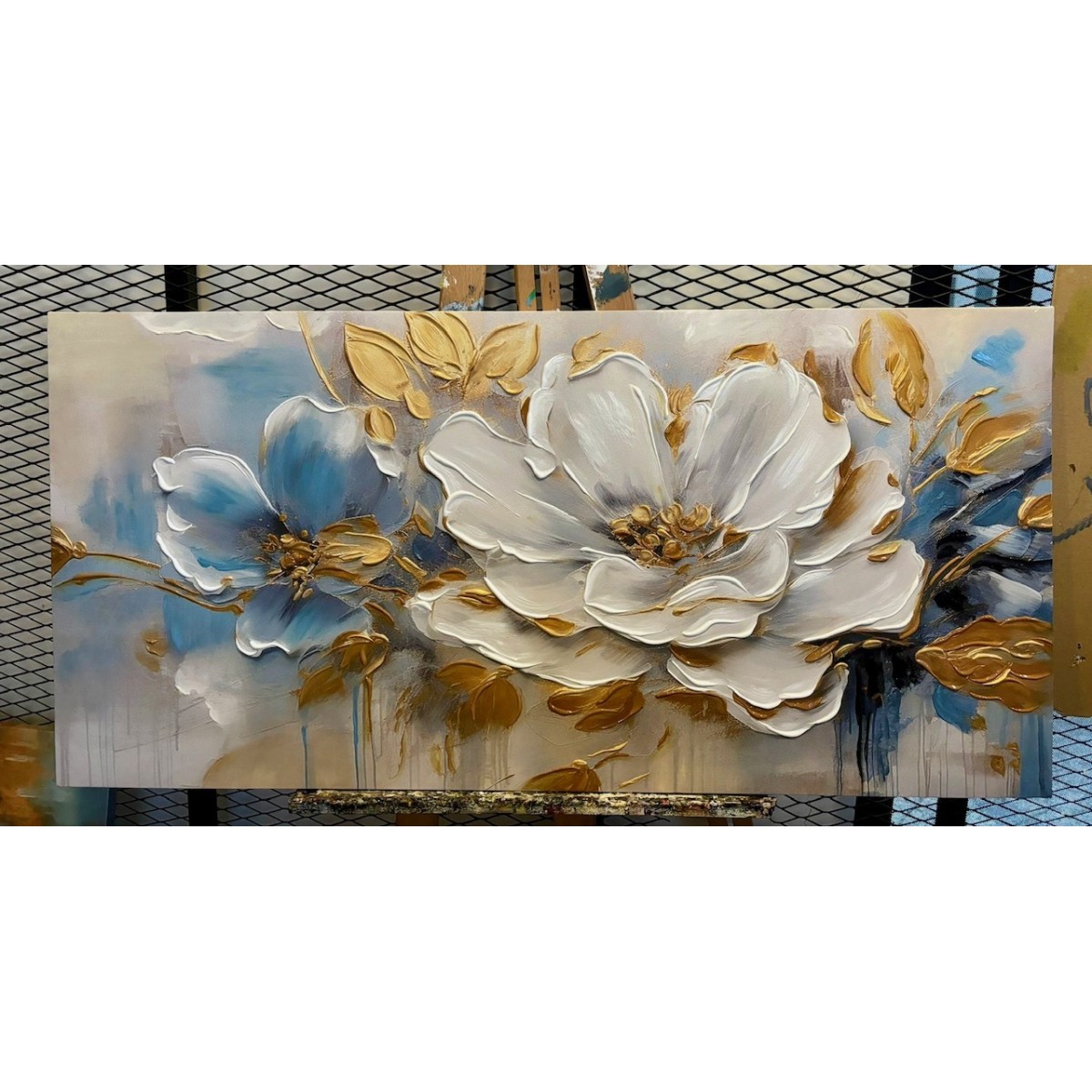 Gold Blue Flower 3d Heavy Textured Partial Oil Painting