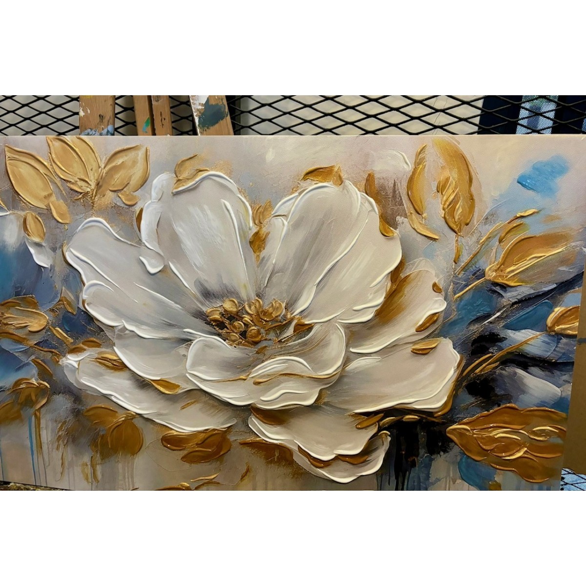 Gold Blue Flower 3d Heavy Textured Partial Oil Painting