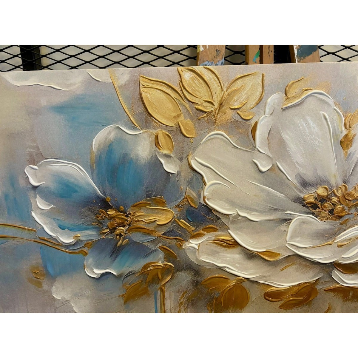 Gold Blue Flower 3d Heavy Textured Partial Oil Painting