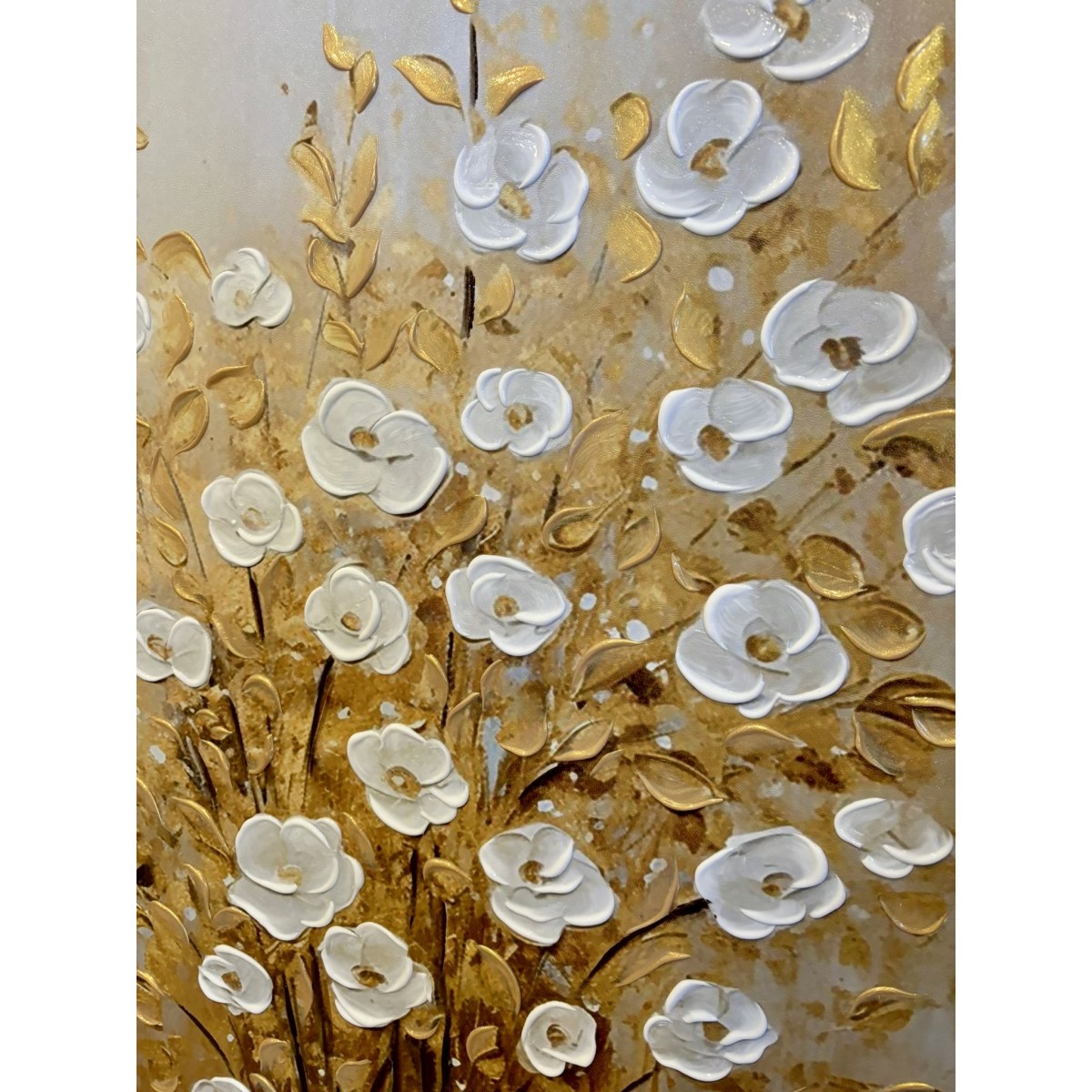 White Flowers with Gold Leaves V 3d Heavy Textured Partial Oil Painting