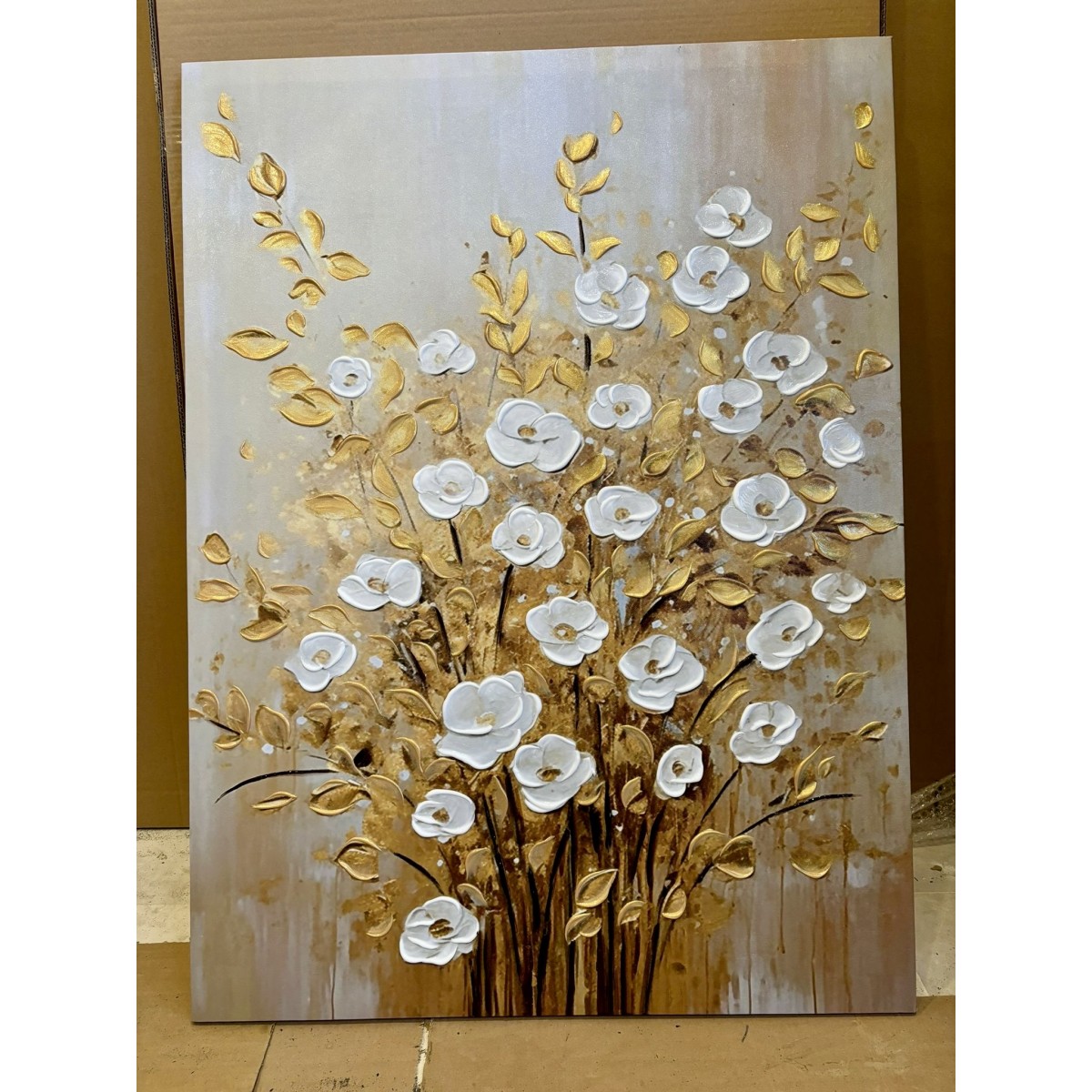 White Flowers with Gold Leaves V 3d Heavy Textured Partial Oil Painting