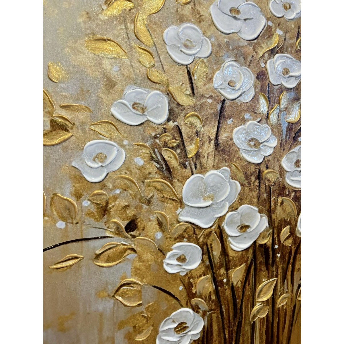 White Flowers with Gold Leaves V 3d Heavy Textured Partial Oil Painting