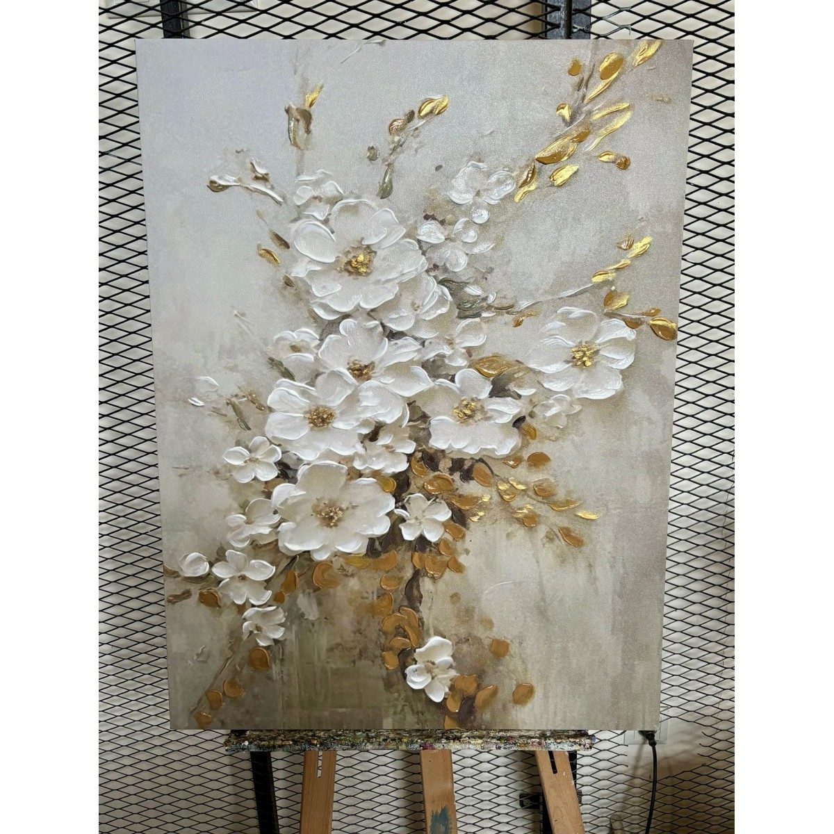 Cream Flowers 3d Heavy Textured Partial Oil Painting