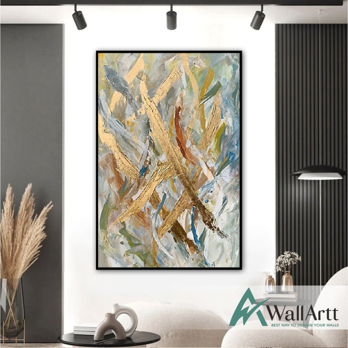 Abstract Gold Scratches Textured Partial Oil Painting