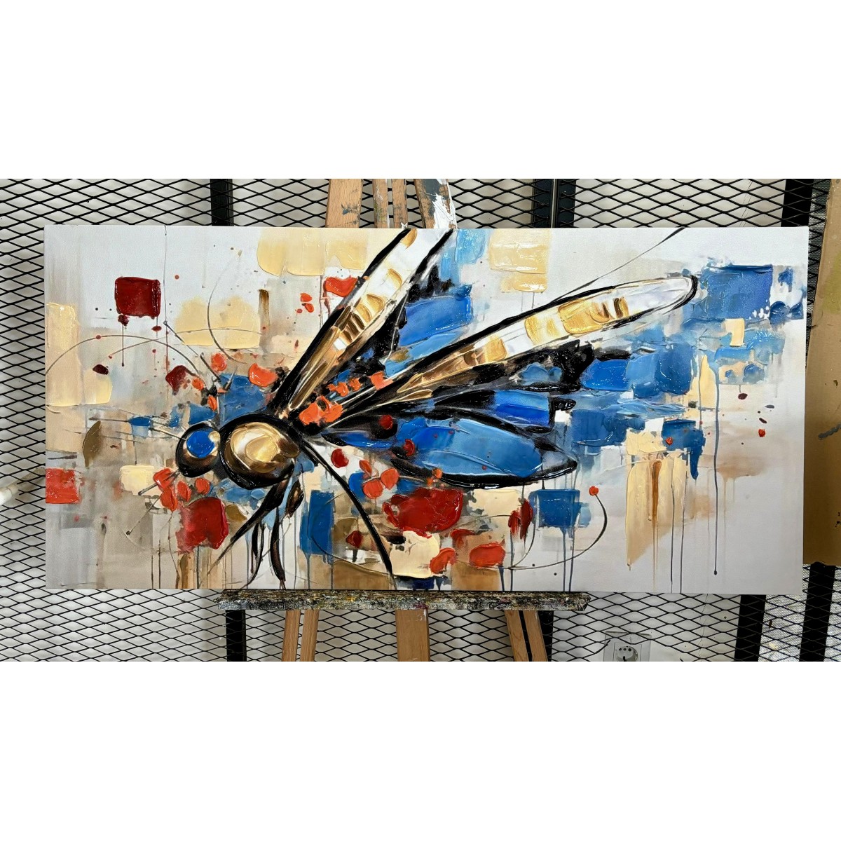 Abstract Blue Dragonfly 3d Heavy Textured Partial Oil Painting