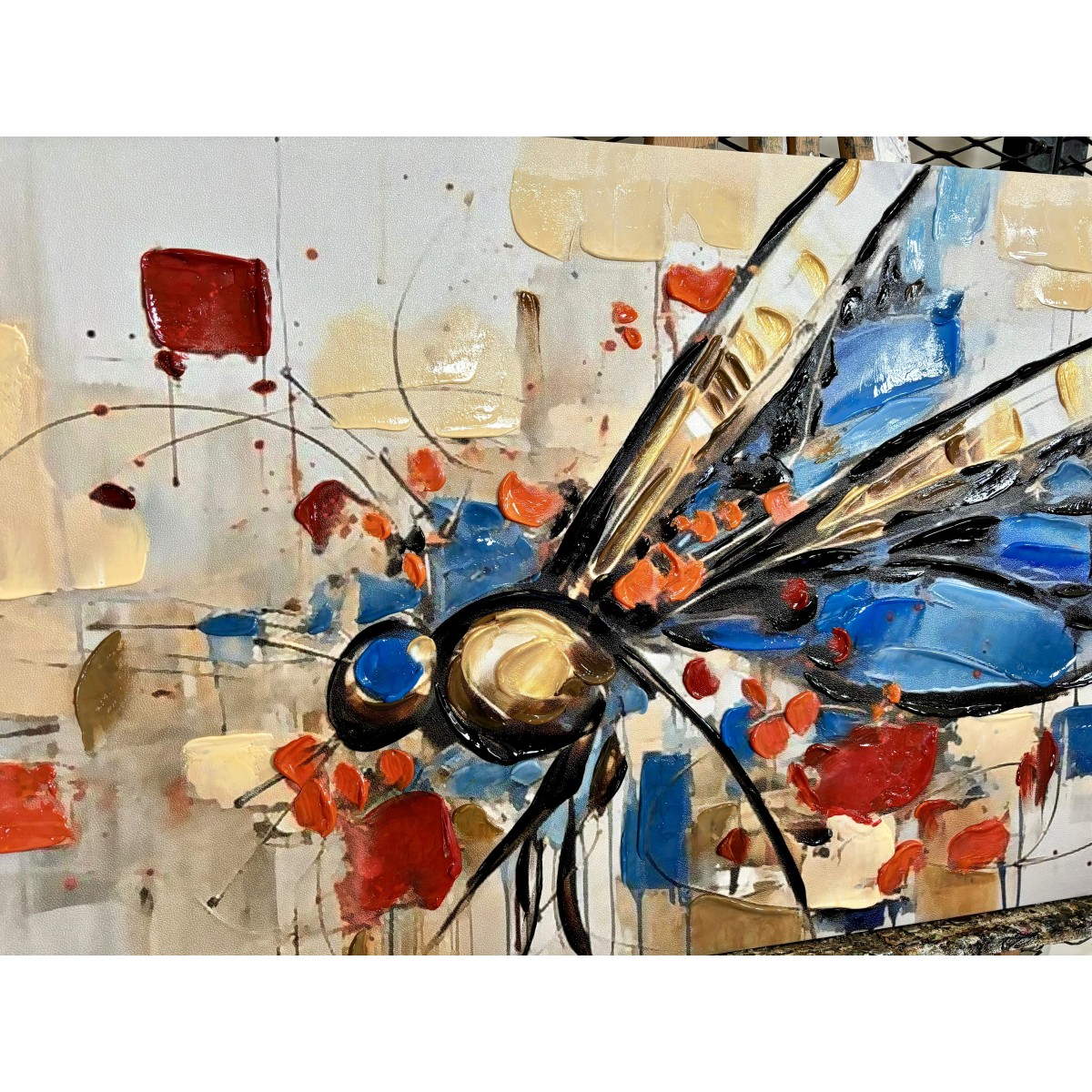 Abstract Blue Dragonfly 3d Heavy Textured Partial Oil Painting