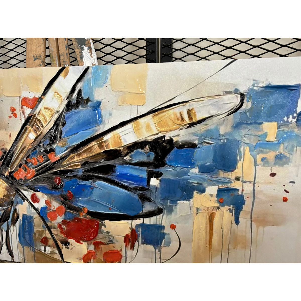 Abstract Blue Dragonfly 3d Heavy Textured Partial Oil Painting