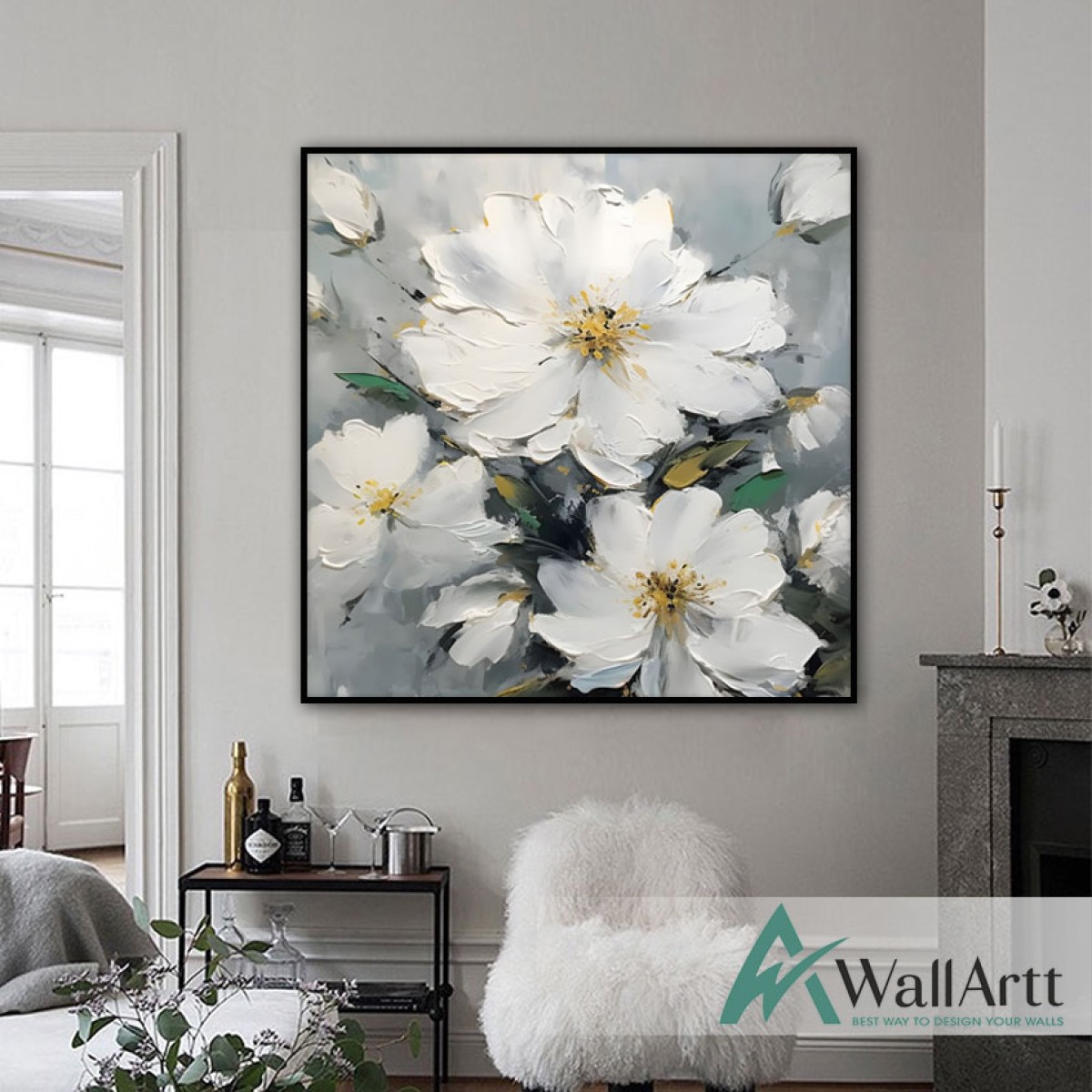 Abstract White Flowers III 3d Heavy Textured Partial Oil Painting