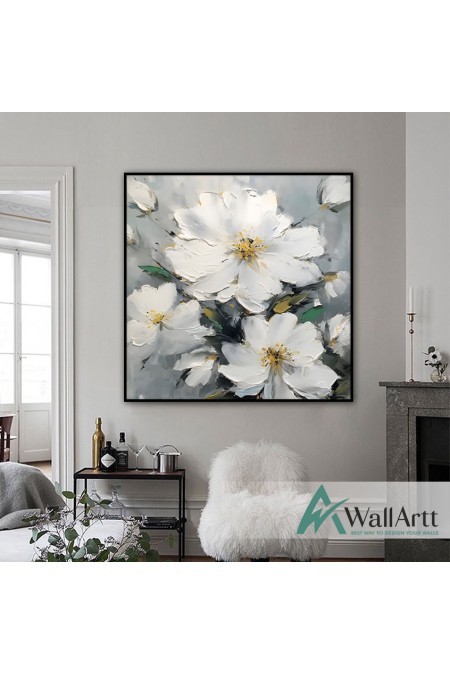 Abstract White Flowers III 3d Heavy Textured Partial Oil Painting