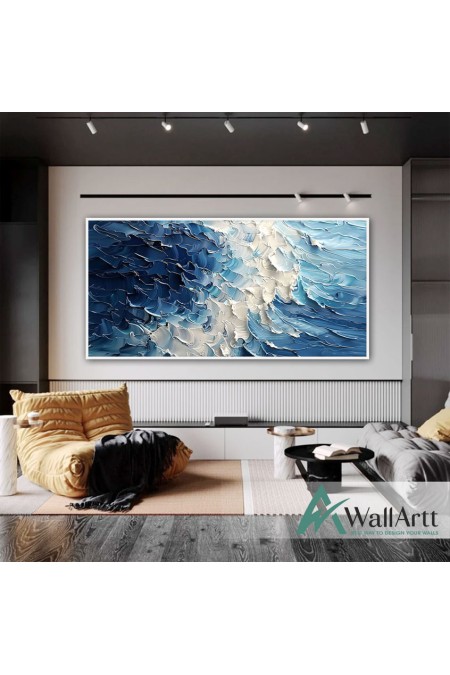 Abstract White Blue Waves II 3d Heavy Textured Partial Oil Painting